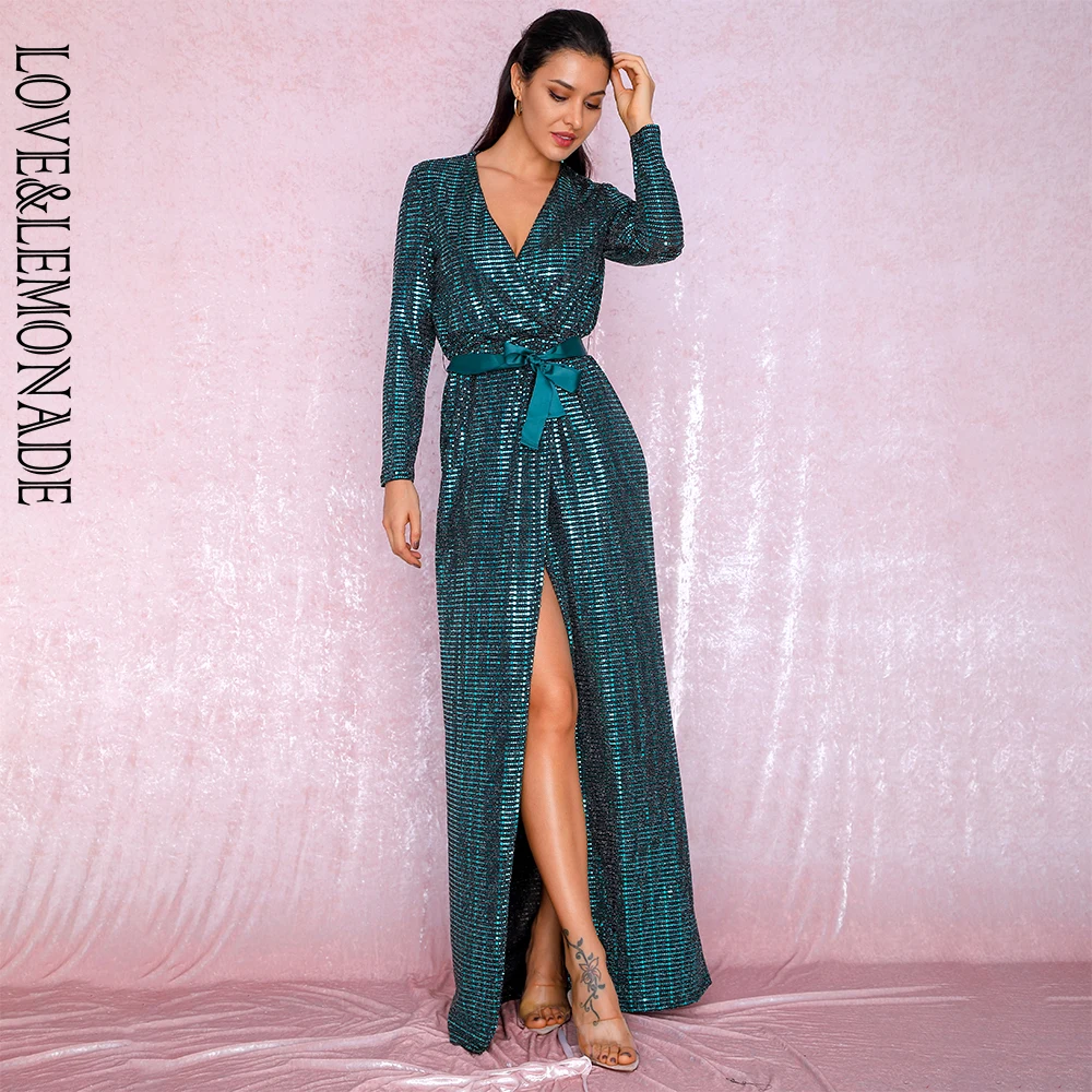 LOVE&LEMONADE Сексуальное длинное платье с глубоким v-образным вырезом, золотым крестиком, с длинным рукавом, из композитных пайеток LM81929