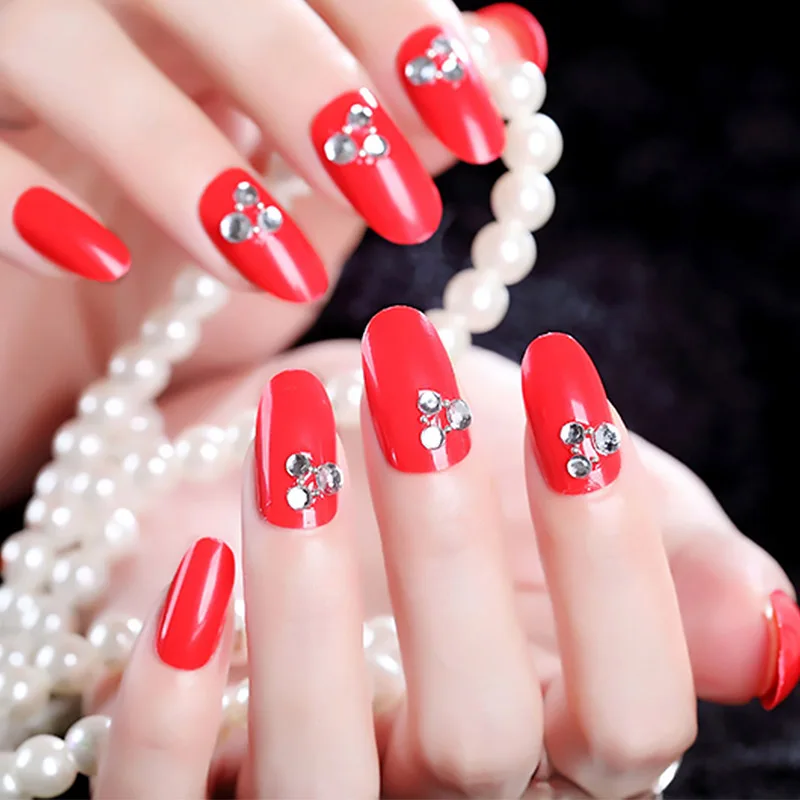 

Ladies Red Color Long Size False Nails Bridal Wedding Shining Rhinestone Artificial Nail Full Cover Nail Art Tips with Glue