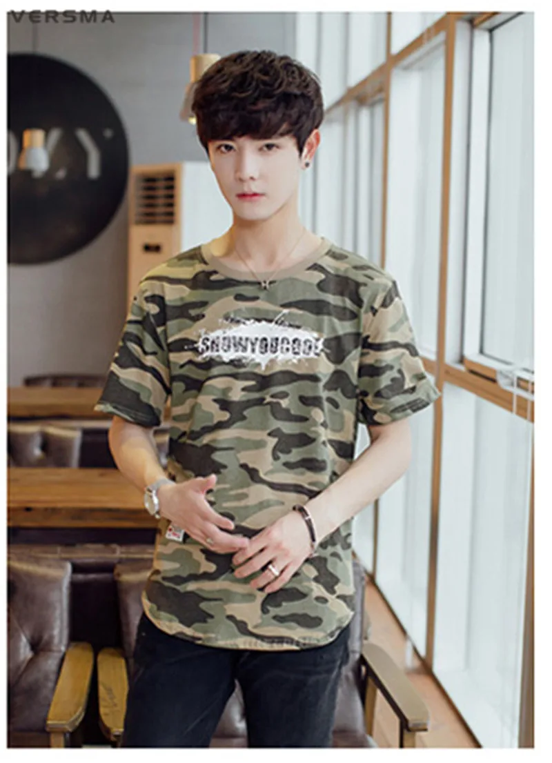 VERSMA летняя уличная хип-хоп армейская камуфляжная свободная футболка мужская Корейская Harajuku BF лента Лоскутная футболка мужская 5XL