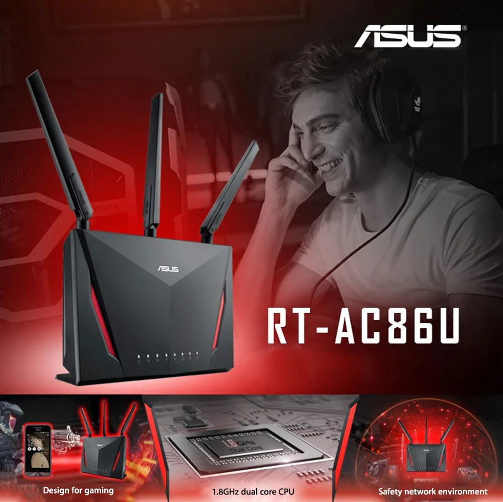 Маршрутизатор ASUS rt-ac86u, двухъядерный, 2,4 ГГц, 5 ГГц, AC, WiFi, 1000 Мбит/с, LAN для игр, поддержка USB