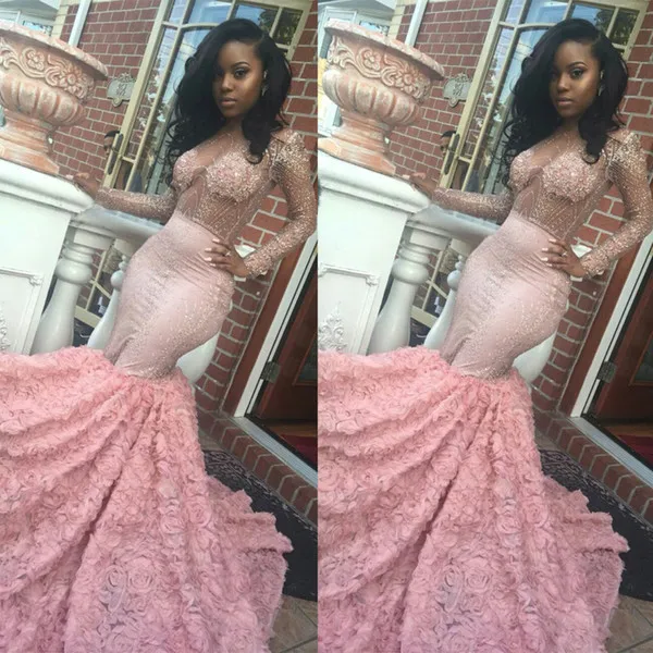 Luxury and Sexy Mermaid Evening Dresses 2017 Illusion Beaded Rose Floral Lace Pageant Dress Tulle Chapel Train Keyhole Back Party Prom Gowns