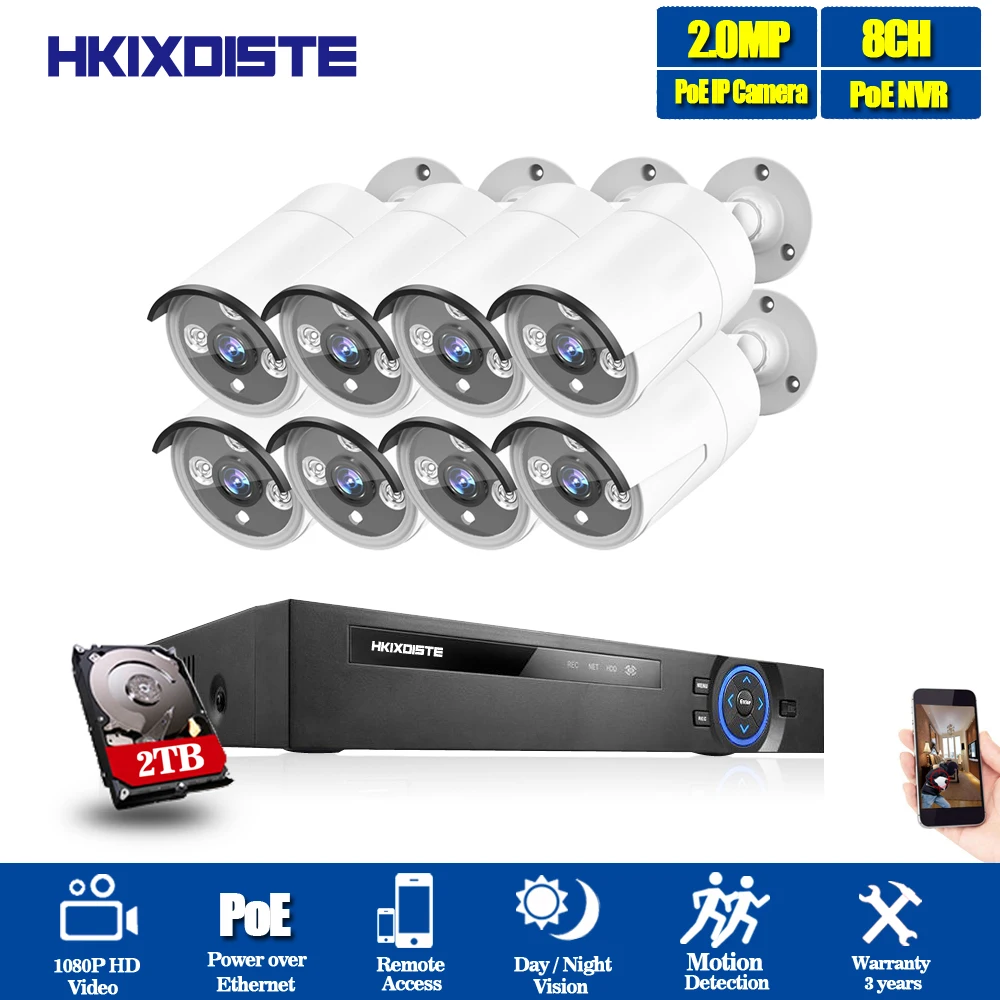 HKIXDISTE HD 8CH NVR 1080P POE CCTV камера система Комплект 2MP наружная водонепроницаемая IP