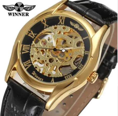 

Winner Top Brand New Sport Design Leather Bezel Golden Watch Mens Clock Luxury Montre Homme Clock Men Automatic Skeleton Watches