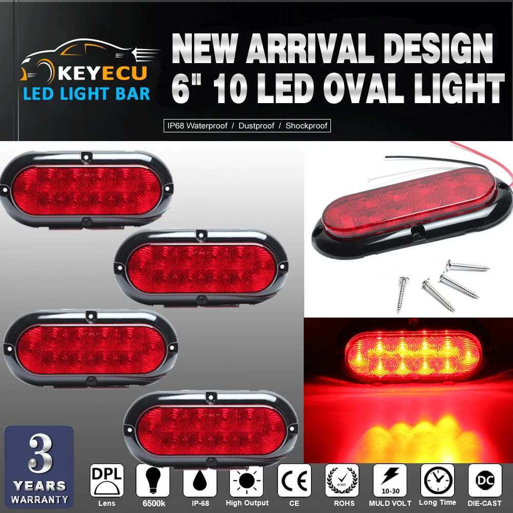 

KEYECU 4PCS Oval Red Stop Turn Tail Light Rubber 6 inch 10LED for Truck Trailer Bus Waterproof with 4 screw holes for mounting