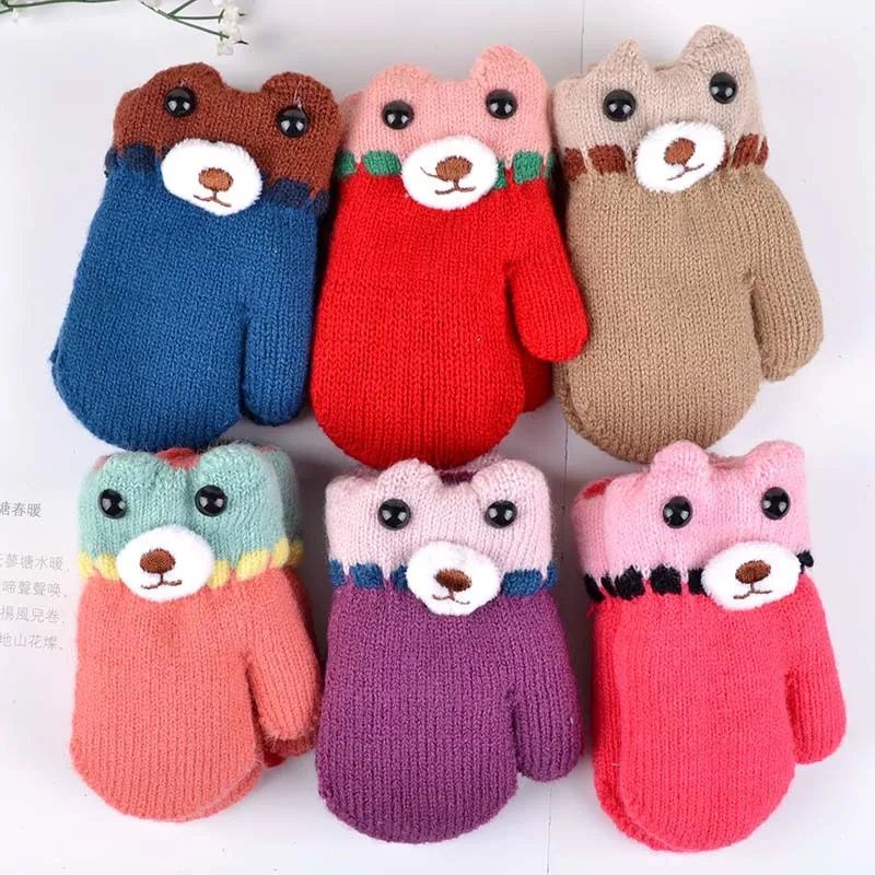 Bear Winter Baby Gloves Cartoon Warm Kids Mittens Knitted Cotton Baby Gloves For Girls Boys Crochet Mittens Baby Accessories (2)