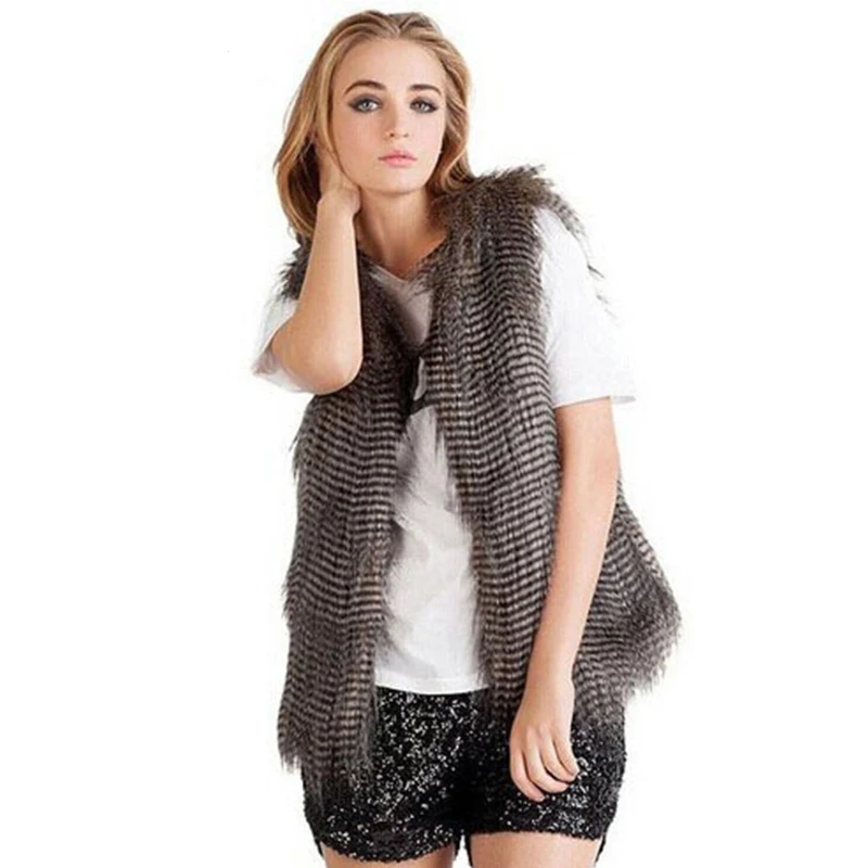 Women Fur Vest Coat Fashion Slim Peacock Feather Hairy Artificial Fur