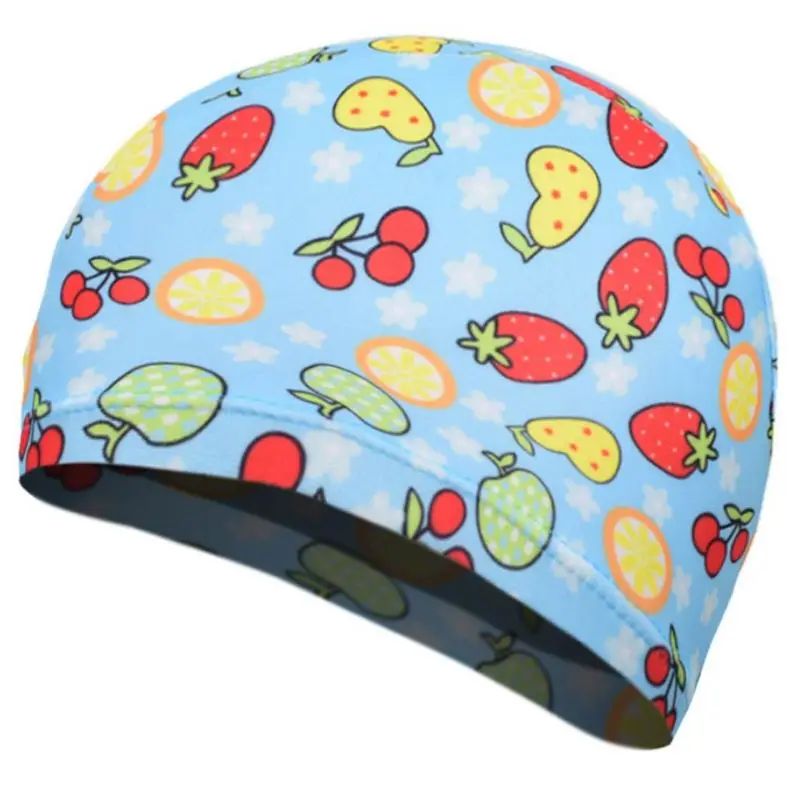 Детская эластичная шапочка для плавания унисекс из полиэстера с рисунком фруктов, цветов, животных, противоскользящие уши, спортивная шапочка для плавания