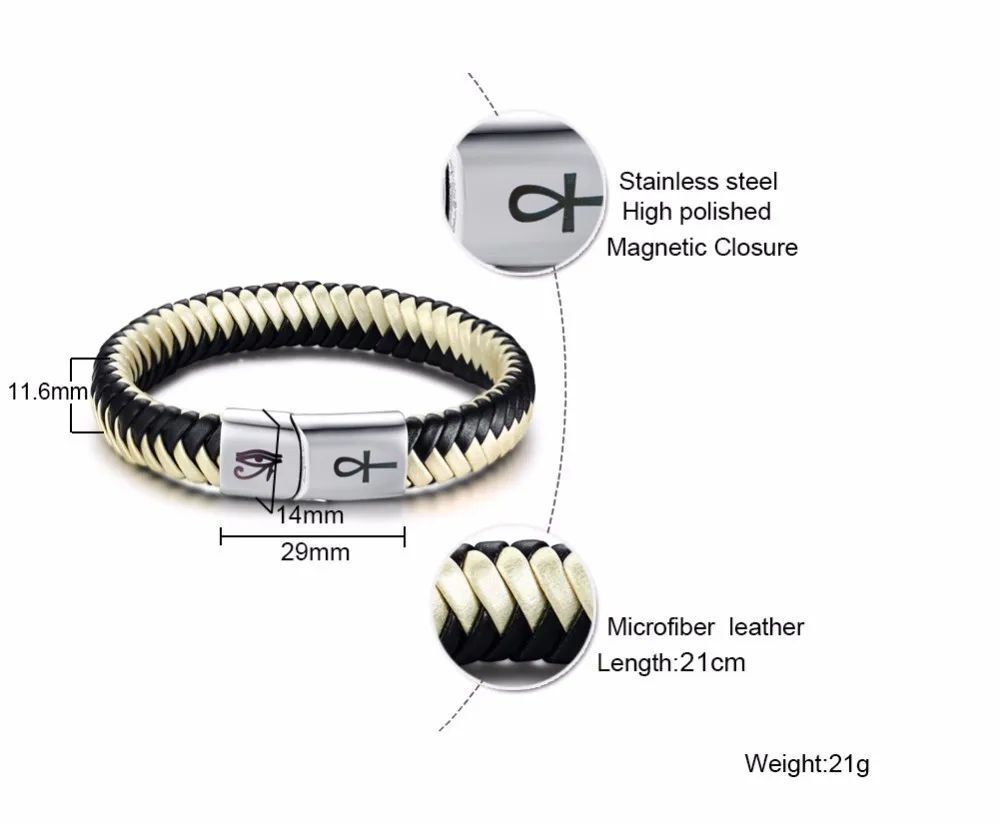 Мужской двухцветный плетеный кожаный браслет из нержавеющей стали с лазерной гравировкой Ankh Cross Horus Eye египетский символ ювелирные изделия 8,26 в
