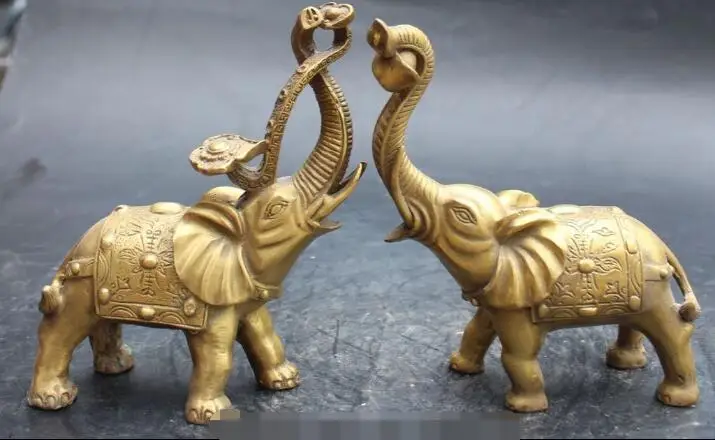 

S2503 China Fengshui Bronze Wealth Yuanbao Ru Yi Elephant Heffalump Pair Animal Statue