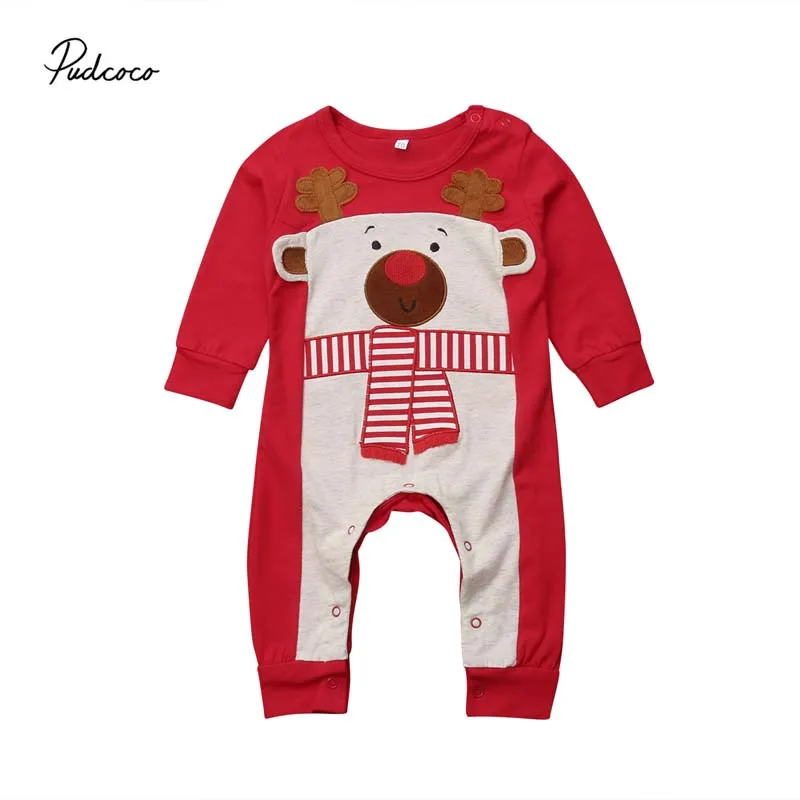 

Pudcoco 2018 Newborn Baby Boy Girl Xmas Rompers 3D Elk Cute Stripe Jumpsuit Cotton Clothes Outfits Christmas Costume 0-24M