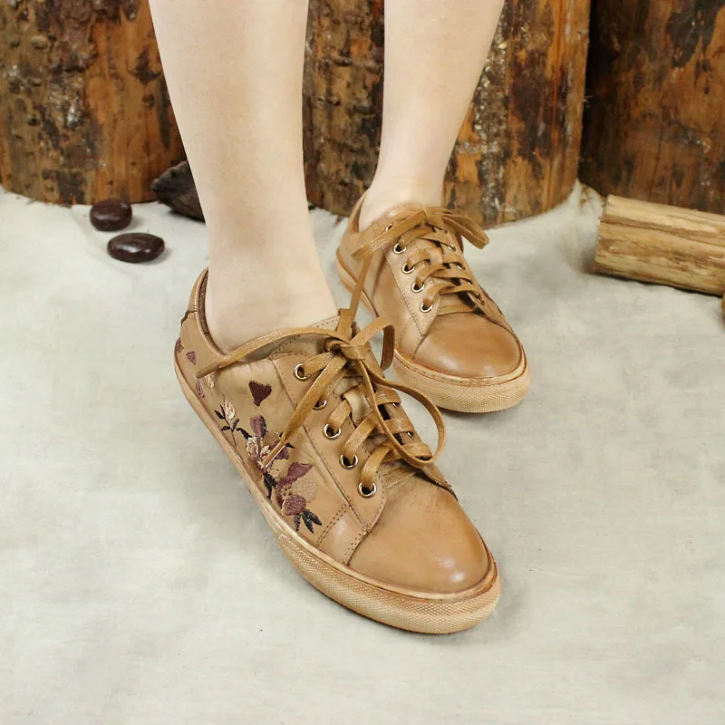 

Genuine Leather Casual Women's Shoes 2019 Spring Flats Embrossied Female Shoes Lace-Up Round Toe 35-39