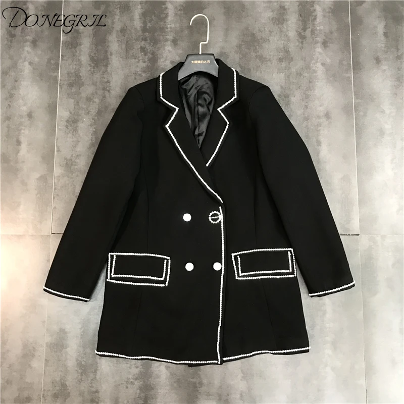 

High quality 2019 New Women Chic Jacket Sequin Diamonds Black Formal Jackets Turn-down Collar Pockets Notched Blazer Coat Female