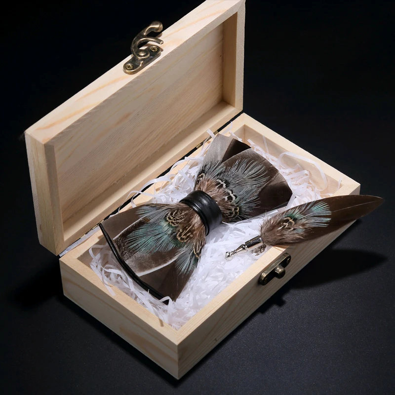 JEMYGINS дизайн галстук-бабочка Натуральное перо ручная работа брошь-бант булавка деревянная Подарочная коробка набор для мужчин Свадебная вечеринка галстук-бабочка