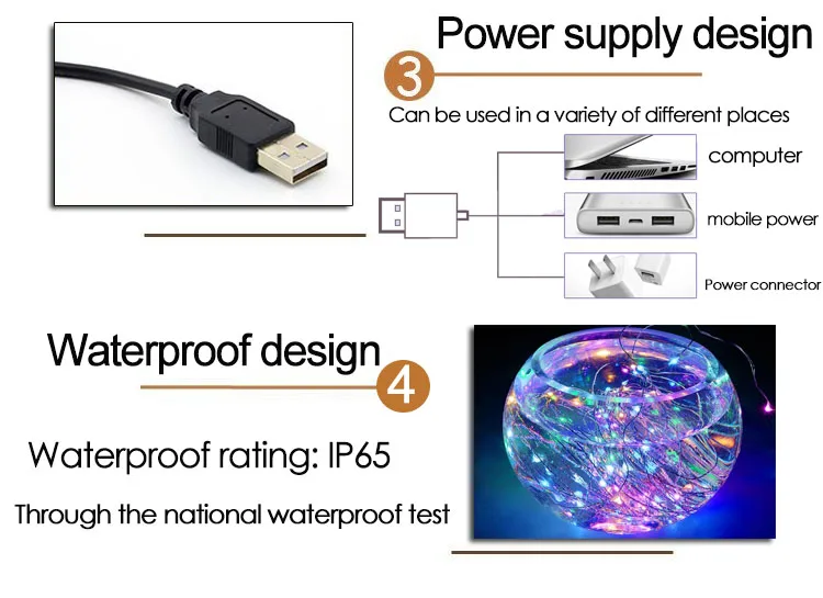 USB светодиодный свет шнура 10 м 5 м Водонепроницаемый Серебряный провод Наружное освещение струнные Феи огни для рождественского свадебного украшения