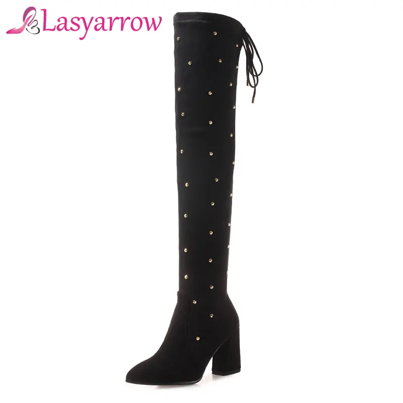 

Lasyarrow 3CM/5CM/8CM Square Heels Over the Knee High Boots Fashion Crystal Thigh High Long Bots Sexy Slim Black Women Shoes