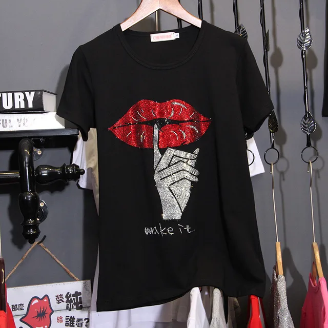 US $10.25 loose Large size 3XL Pure cotton Hot drilling black T-shirts women short sleeve summer Korean versi