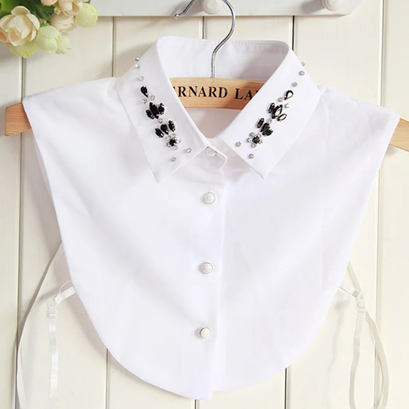 

2017 new arrival Handmade Bead Female Women's White Shirt Senior Crystal Rhinestone Fake Collar Shirt Female Black Women