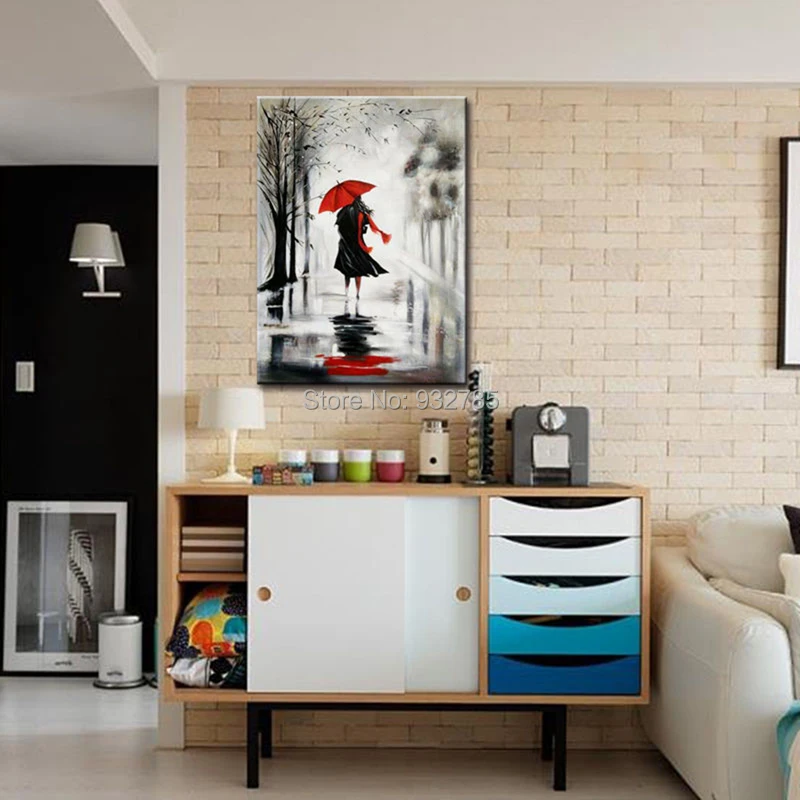 Unframed-100-Hand-Painted-Oil-Painting-Red-Umbrella-Black-Dress-Sexy-Girl-Modern-Figure-Painting-On (1)