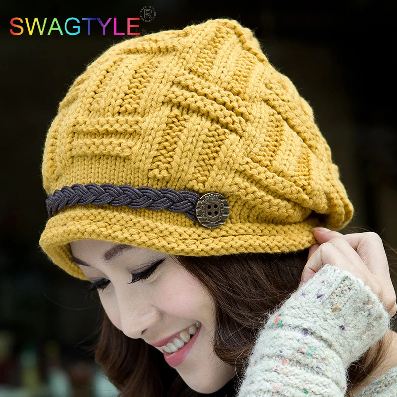 Новые женские вязаные шерстяные Skullies шапочки Hat леди девушка Бонне Мода Curl Кнопка