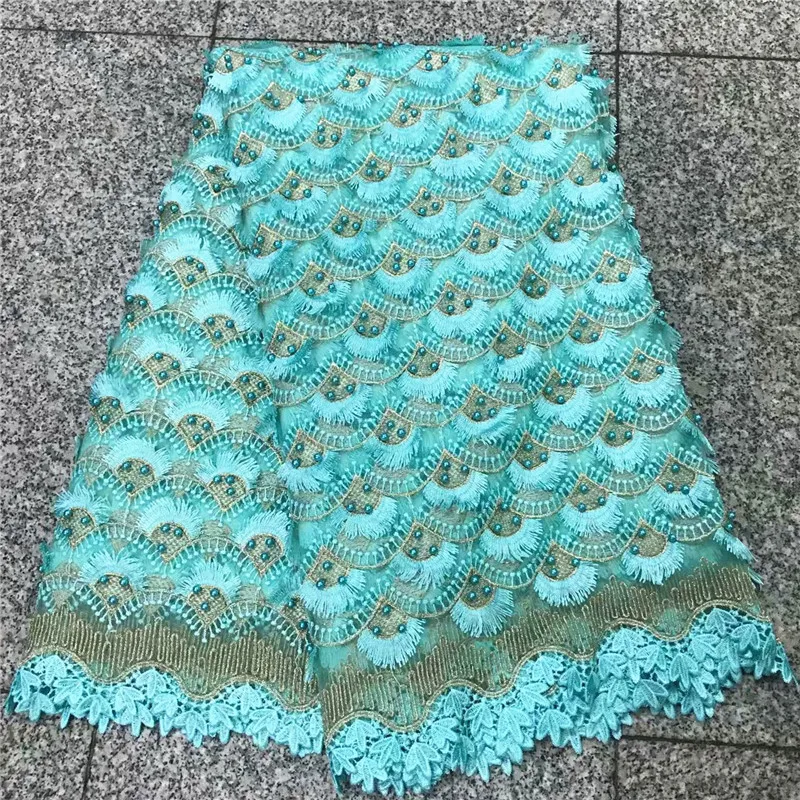 

Teal Green African Mesh Lace Fabric 2018 High Quality Embroidered Nigerian Guipure Laces Fabric With Beads For Women NLY27-4