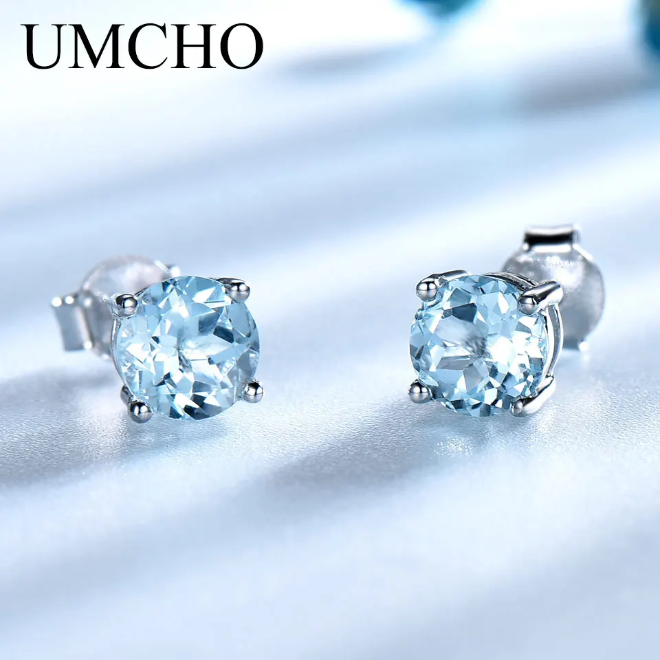 Женские серьги гвоздики с небесно голубым топазом UMCHO однотонные из настоящего