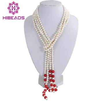 

Charming!4 Rows Beaded White Pearl Necklace With Red Coral Multi-strand Pearl Jewelry Free Shipping Wholesale FP002