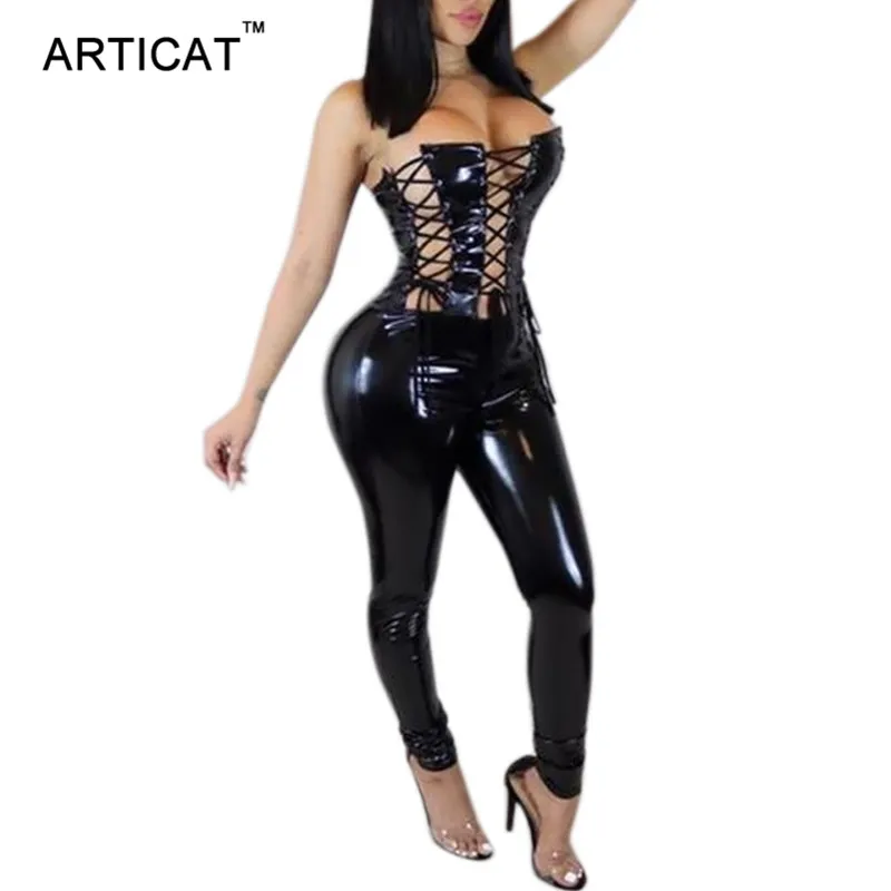 Articat кожаный сексуальный комбинезон с вырезами для женщин без бретелек с открытой спиной облегающий бандаж женские комбинезоны с открытыми плечами вечерние Клубные Комбинезоны