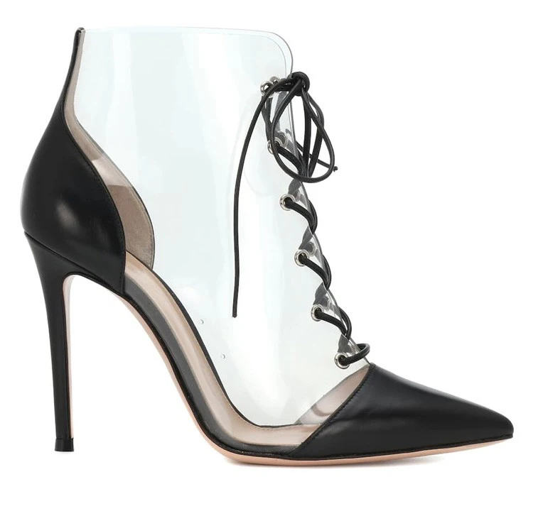 

PVC Patchwork Transparent Pointed Toe Ankle Boots White Leather High Heel Boots