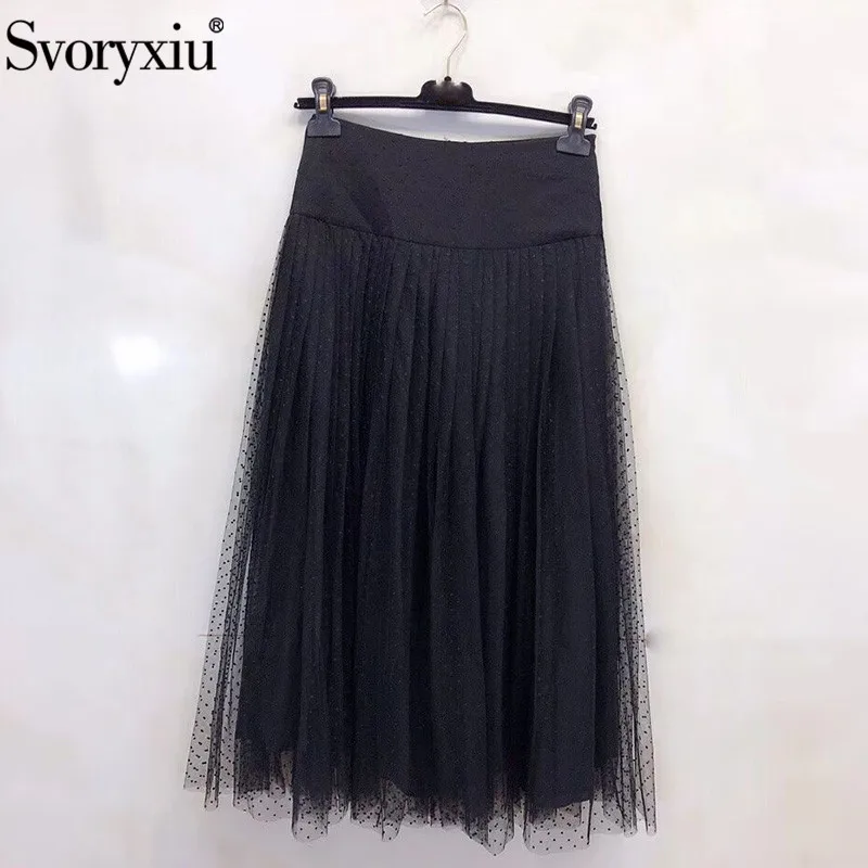 

Svoryxiu Runway Designer Black Polka Dot Mesh Skirt Women's High End Silk Lining Long Skirt