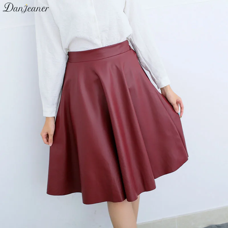 

Danjeaner Women Autumn Winter Vintage High Waist PU Leather Skirts Female Casual Knee-Length Elastic Waist Midi Skirts