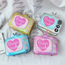 Забавный креативный дизайн, женские сумки, мультфильм, ТВ, кожа, мини сумочка, голограмма, кошелек, лазер, ПУ, ремешок на цепочке, для девушек, сумка через плечо