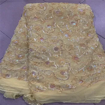 

2019 Latest Sexy French Embroidered Tulle Lace Africa Sequins Mesh Lace Fabric Sewing For Party Wedding Dress Top Quality 5yards