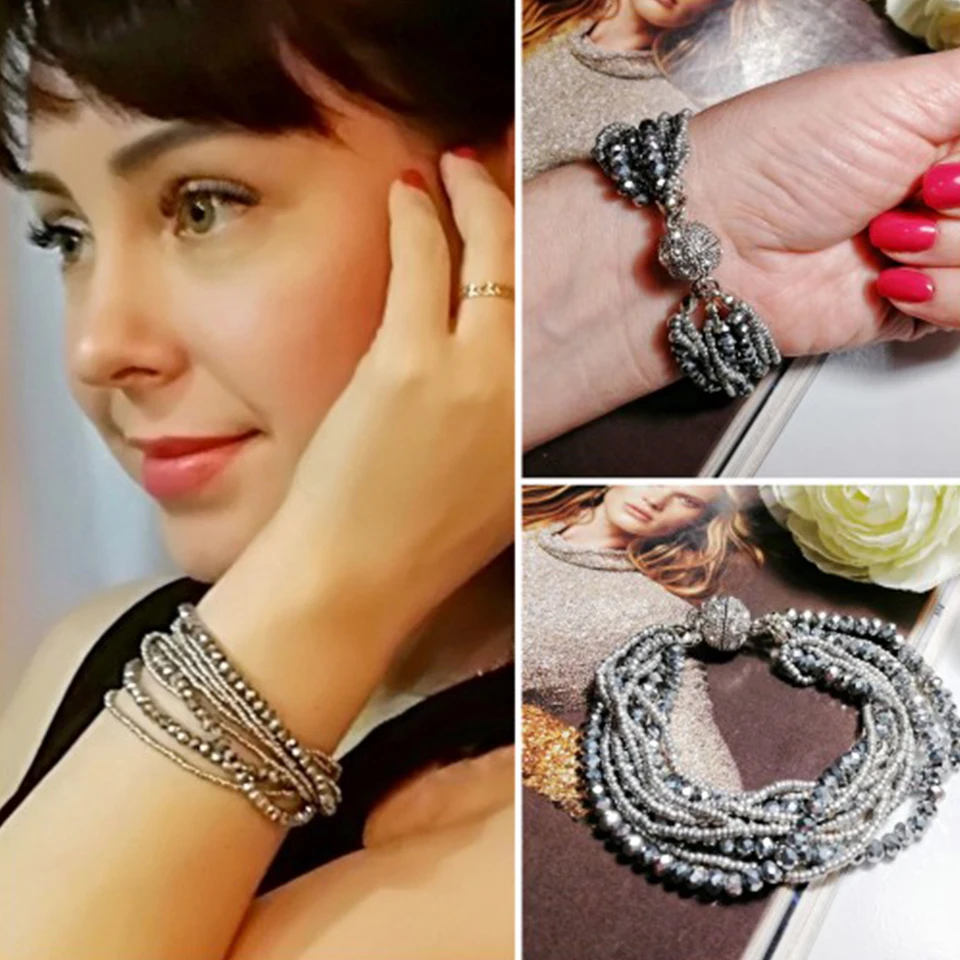 

Hot Multi-layer Elastic Bracelets&Bangles Black Color Silver Disco Ball Bracelet Magnetic Clasp Women's Bracelet Present