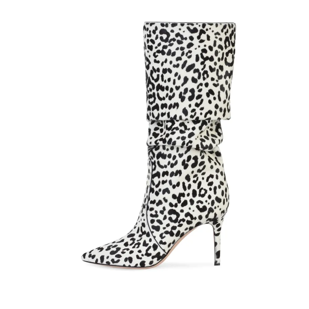 

Women's Leopard/Zebra Pleated Stiletto High Heels Pointed Toe Slip-on Knee High Winter Boots Plus Size Ladies Casual Dress Shoes