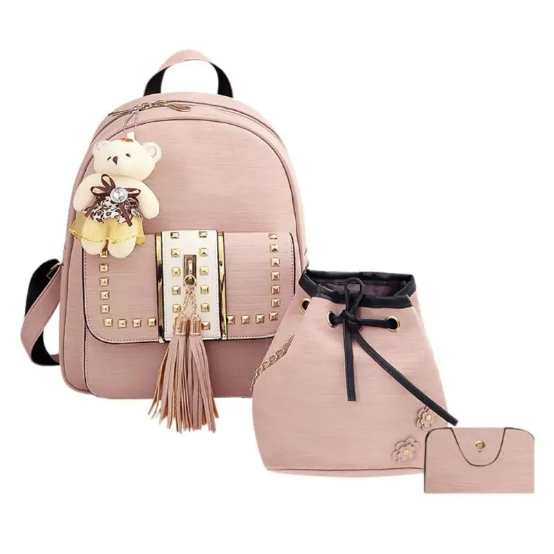 

3Pcs/lot Women Cute Backpack Set PU Leather Backpack for Teenager Shoulder Bag Student School Bags Tassel Women Rucksack