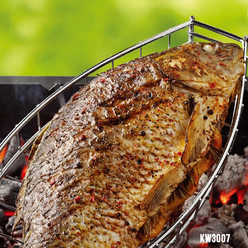 Hot selling 1 pcs Durable One Fish Grilling Basket w/ Black Wood Handle Fish Grill Rack BBQ Grill Basket for Single KW3007