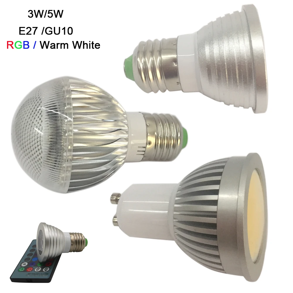 

Free Shipping 3W E27 GU10 RGB LED Bulb Light 16Color LED lamp&IR remote;5W warm white LED COB Spotlight for Party Decoration