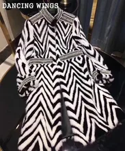 

Uniform Style Black White Striped Real Mink Fur Coat Beaded Stand Collar Natural Mink Fur Long Winter Jacket Women