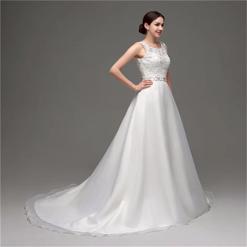 A-line Organza Lace Chapel Train Straps Beaded Deep V Back Wedding Gown