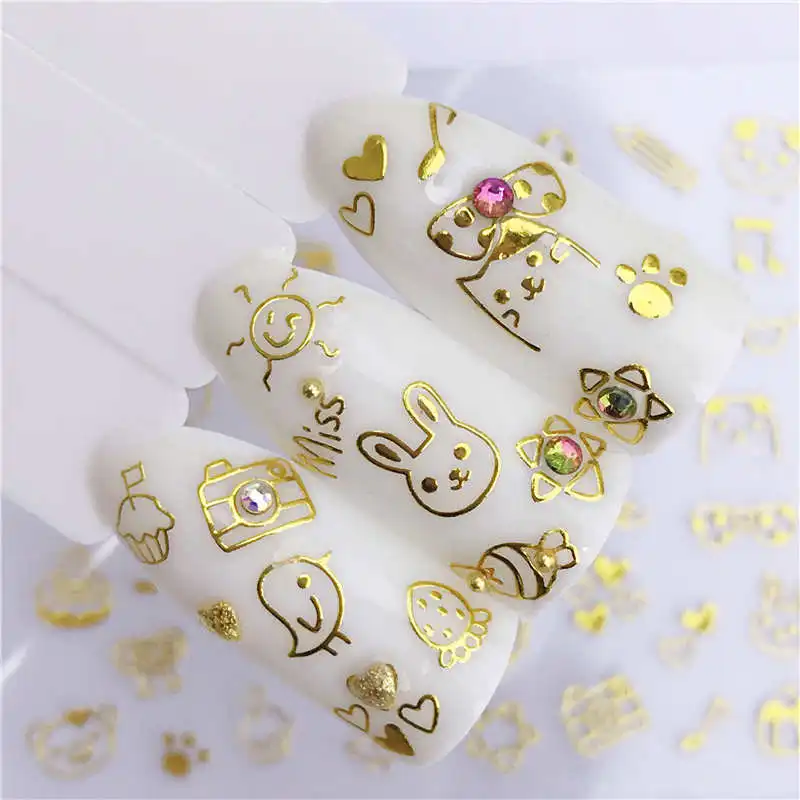 

FWC 1 Sheet Gold 3d Nail Art Stickers Hollow Decals Mixed Designs Adhesive Flower Feather Nail Tips Decorations Salon Accessory