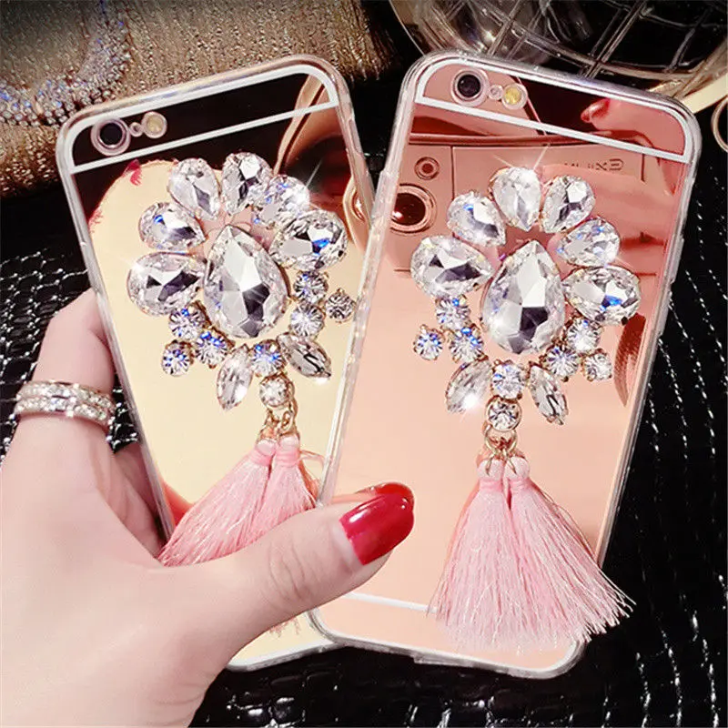 Чехол для iPhone 5 5S 6 S 7 8 Plus X роскошные стразы цветы кисточки мягкая зеркальная