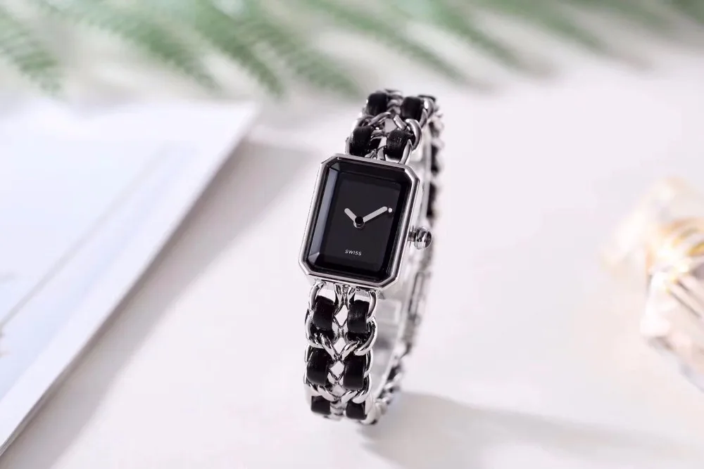 

6 colors Luxury Brand Genuine Leather Watch double chain link twist Quartz Wrist watch Women 2 layer rectangle stainless steel