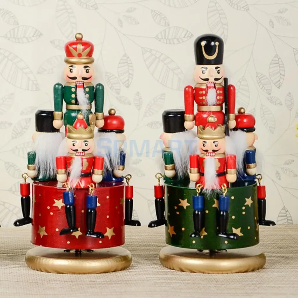 

2 Set 20cm Vintage Wooden Nutcracker 4 Soldier Musical Box Mechanical Wind Up Toy Christmas Home Office Decor Kids Gift