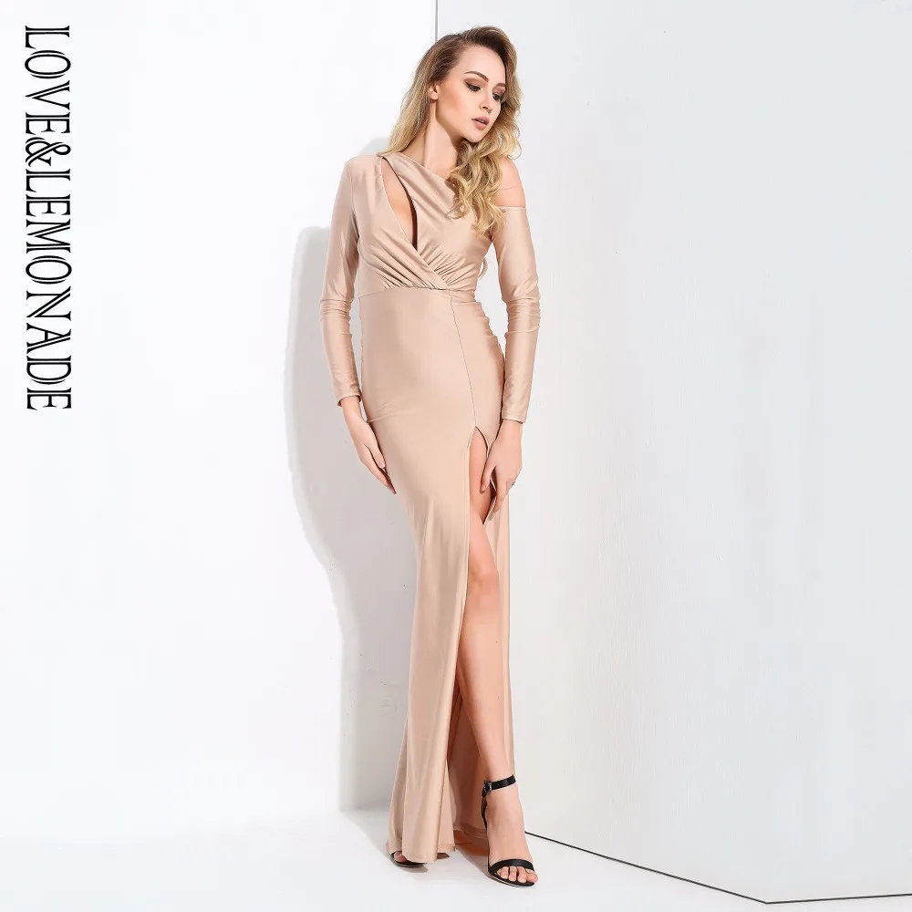 Облегающее платье с длинными рукавами и открытыми плечами Love & Lemonade Nude LM0699|sleeve maxi