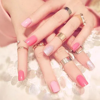 

24pcs/boxed Sweet Pink Color press on nails Ladies Shimmer Glitter fake Fingernails Short Size full cover fake nails with glue