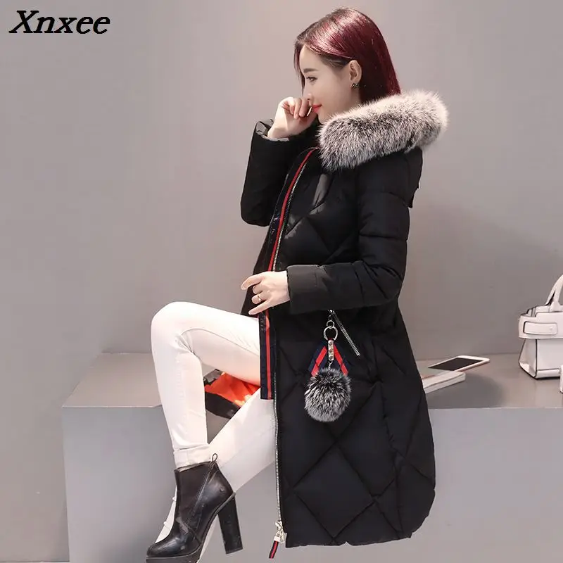 #*Cheap Winter Women Hooded Coat Fur Collar Thicken Warm Long Jacket Female Plus Size 2XL Outerwear Parka Ladies Chaqueta Feminino