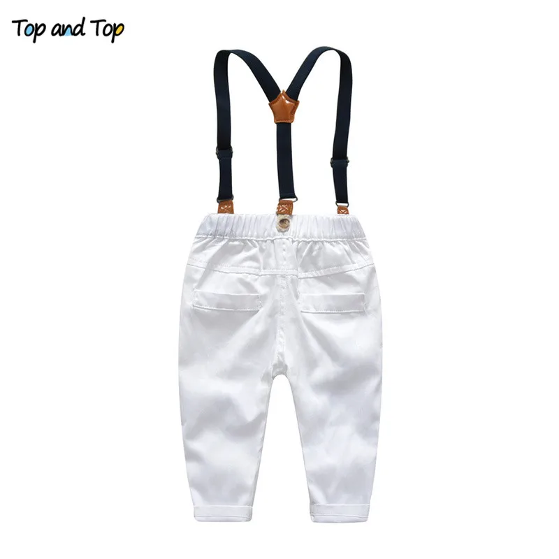 Топ и топ, комплект деловой одежды для маленьких мальчиков, одежда для маленьких мальчиков рубашка с длинными рукавами и галстуком-бабочкой+ штаны на подтяжках