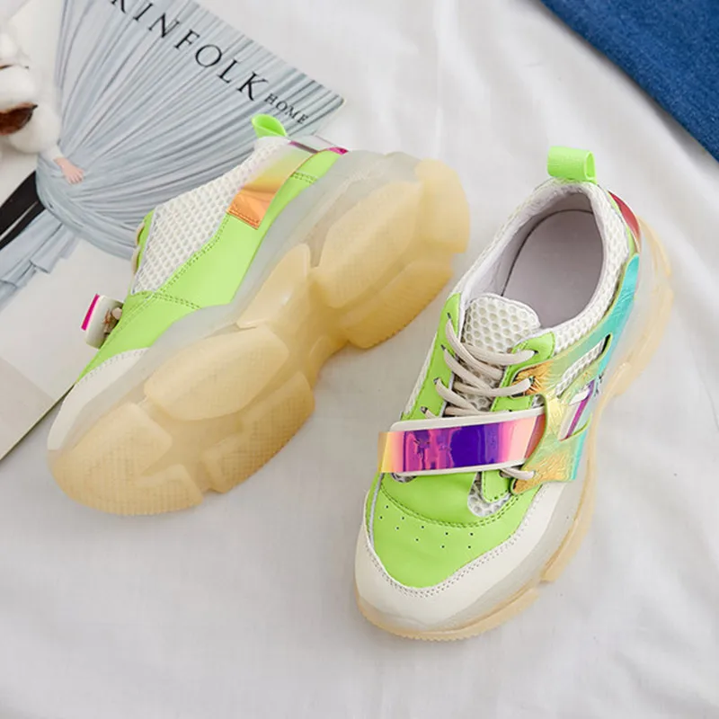 Fluorescent En Chaussures Net Papa De Couleurs Mélangées Green orange Printemps Véritable Gcyfwj Décontractées Surface 2019 Tendance Femelle Cuir Femmes apPnx