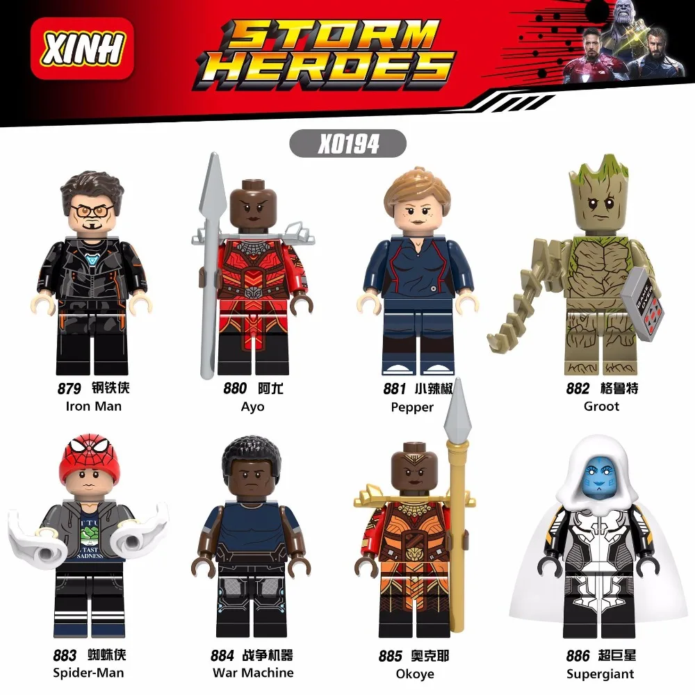 

Marvel Avengers 3 Figures Super Hero Supergiant Spiderman Pepper Ayo Iron Tree Man Building Blocks Bricks Gift Toys for Children
