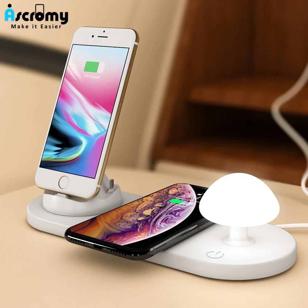

Ascromy 3 IN 1 Wireless Charging Dock Station For iPhone Xs Max X 8 Plus Micro USB Android Type C Phone Charger Mushroom Light